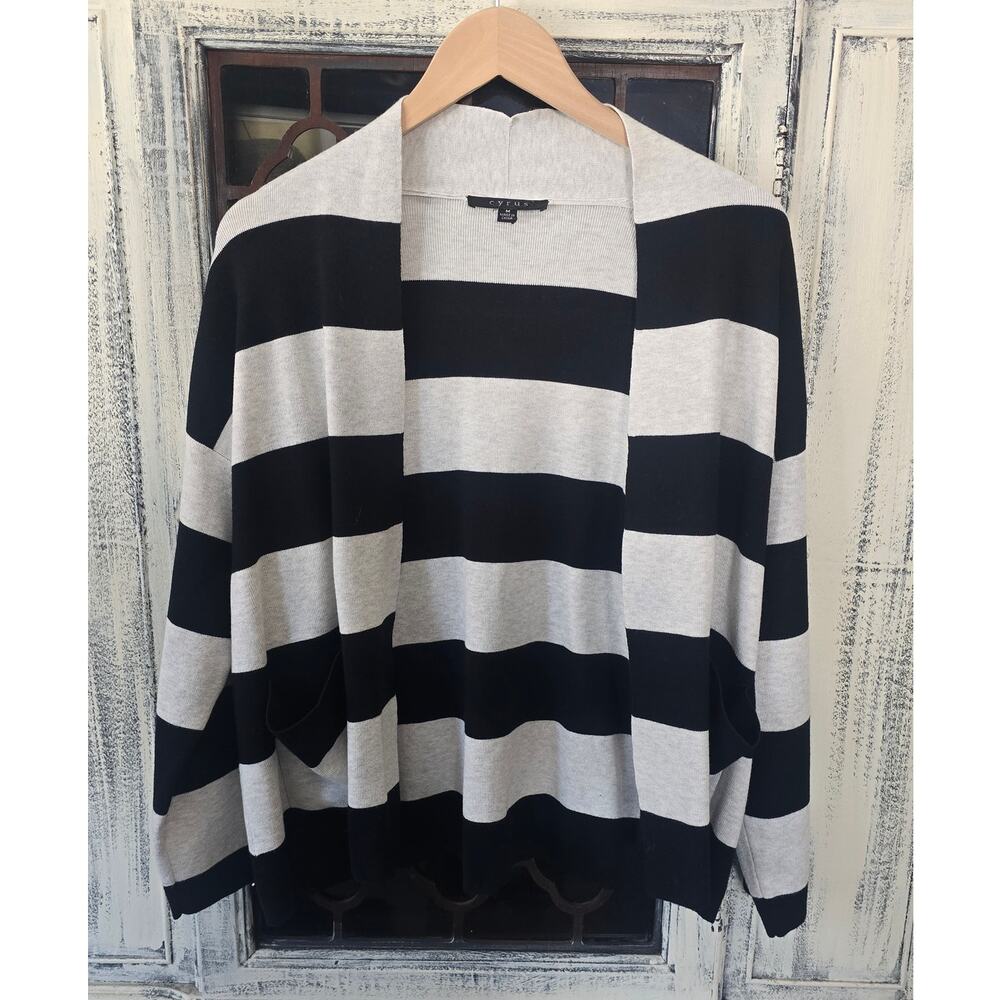 New Cyrus Black Gray Striped Open Front Cardigan - Medium